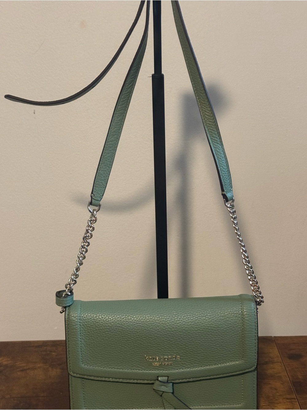 kate spade mint green pebbled leather crossbody with silver chain